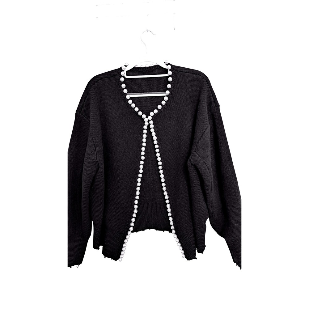 Commense Black Pearl‎ Trim Distressed Ribbed Knit Cardigan Sweater Womens Large